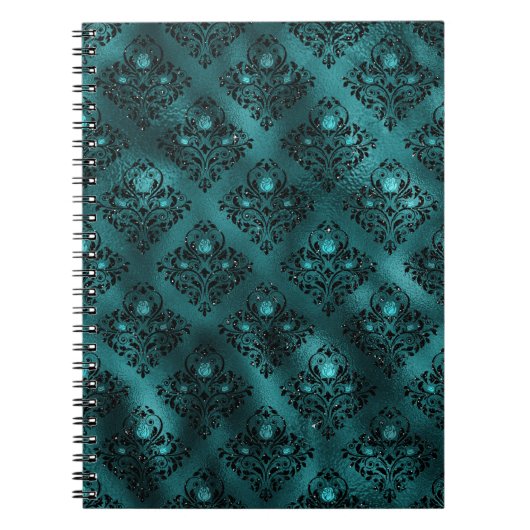 ティール（緑がかった色）ググラデーションラムグリッターダマスクパターン ノートブック (正面)