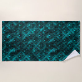 ティール（緑がかった色）ググラデーションラムグリッターダマスクパターン ビーチタオル