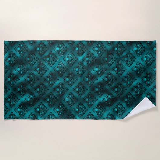 ティール（緑がかった色）ググラデーションラムグリッターダマスクパターン ビーチタオル (正面)