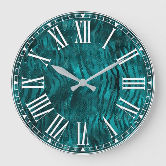 ティール（緑がかった色）ググラデーションラムグリッタートラストライプンパタン ラージ壁時計 (正面)