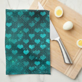ティール（緑がかった色）ググラデーションラムグリッターハートパターン キッチンタオル (四つ折り)