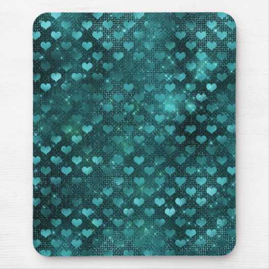 ティール（緑がかった色）ググラデーションラムグリッターハートパターン マウスパッド (正面)