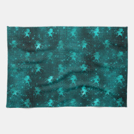 ティール（緑がかった色）ググラデーションラムグリッターユニコーン模様 キッチンタオル