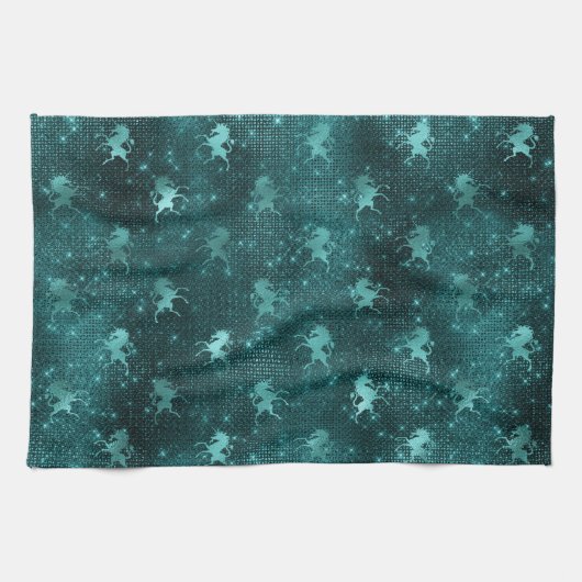 ティール（緑がかった色）ググラデーションラムグリッターユニコーン模様 キッチンタオル (横)