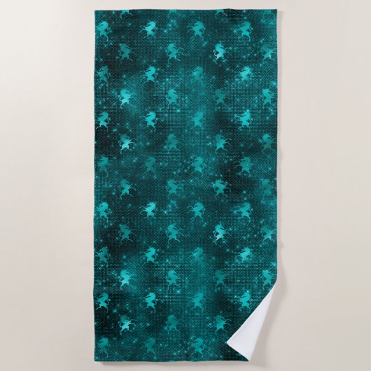 ティール（緑がかった色）ググラデーションラムグリッターユニコーン模様 ビーチタオル (正面)