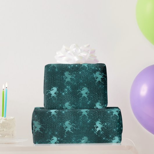 ティール（緑がかった色）ググラデーションラムグリッターユニコーン模様 ラッピングペーパー (パーティーギフト)