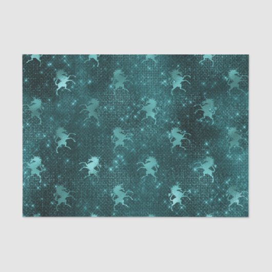 ティール（緑がかった色）ググラデーションラムグリッターユニコーン模様 薄葉紙 (正面)