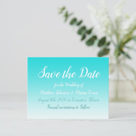 ティール（緑がかった色）グラデーシパーソナライズされたョン日付はがきを保存する ポストカード (スタンド正面)