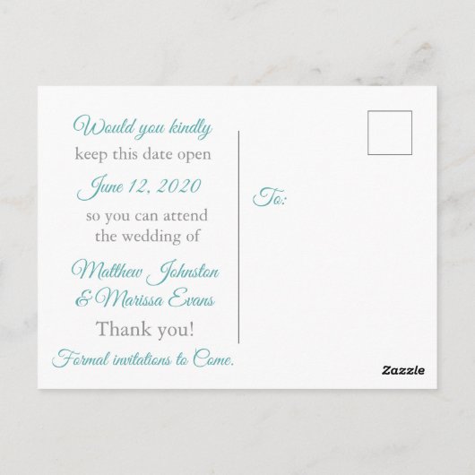 ティール（緑がかった色）グラデーシパーソナライズされたョン日付はがきを保存する ポストカード (裏面)