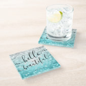 ティール（緑がかった色）グラデーションの銀色のライト「ハロービューティフル」 ガラスコースター (アングル)