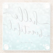 ティール（緑がかった色）グラデーションの銀色のライト「ハロービューティフル」 ガラスコースター (裏面)