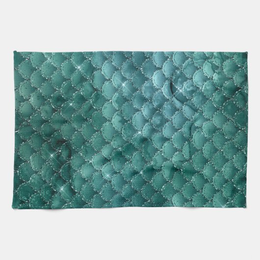 ティール（緑がかった色）グラデーショングラムマーメイドはかりで測パターン キッチンタオル (横)