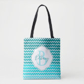 ティール(緑がかった色)グラデーションシェブロンパーソナライズされたトートバッグ トートバッグ (正面)