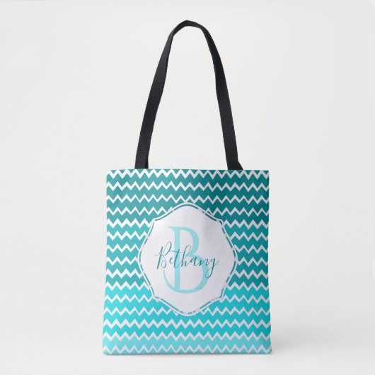 ティール(緑がかった色)グラデーションシェブロンパーソナライズされたトートバッグ トートバッグ (正面)