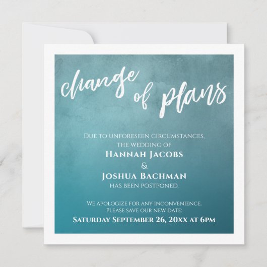 ティール（緑がかった色）グラデーション変更プランの延期結婚カード 招待状 (正面)