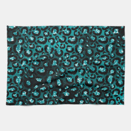 ティール（緑がかった色）グラデーション&ブラックグラムグリッターレオパードスポット キッチンタオル