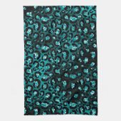 ティール（緑がかった色）グラデーション&ブラックグラムグリッターレオパードスポット キッチンタオル (縦)