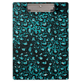 ティール（緑がかった色）グラデーション&ブラックグラムグリッターレオパードスポット クリップボード