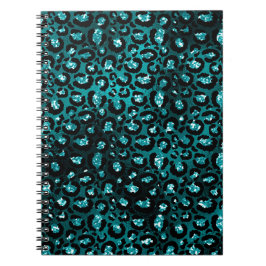 ティール（緑がかった色）グラデーション&ブラックグラムグリッターレオパードスポット ノートブック