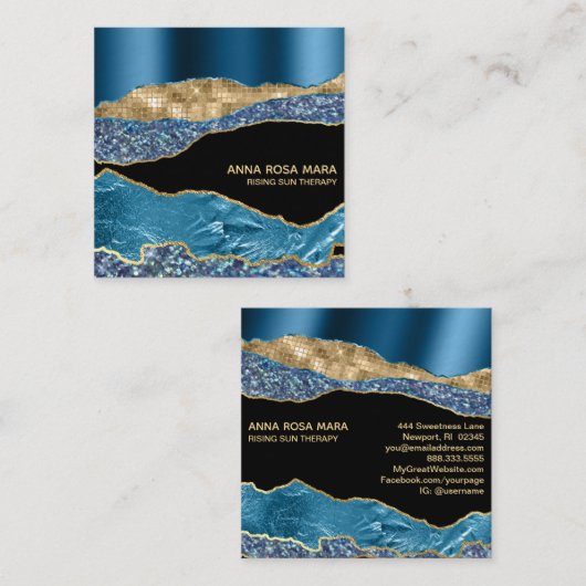 *~*ティール（緑がかった色）グラムアゲテゲード金ゴールドグリッターブラック スクエア名刺 (正面/裏面)