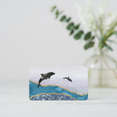 *~*ティール（緑がかった色）グラムビーチシードルフィンズ金ゴールドグリッター 名刺 (スタンド正面)