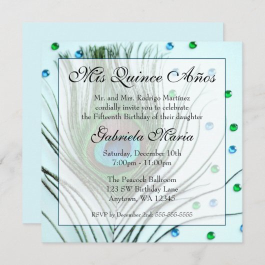 ティール（緑がかった色）グラムピーコックフェザーキンセアニェラ誕生日 招待状 (正面/裏面)