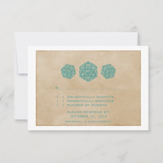 ティール(緑がかった色)グランジD20サイコロゲーマーレスポンスカード 出欠カード (正面)