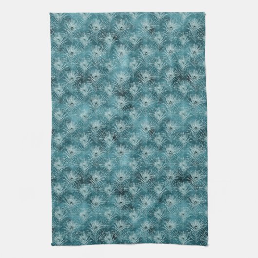 ティール(緑がかった色)グリッジグラムピーコックフェザー キッチンタオル (縦)