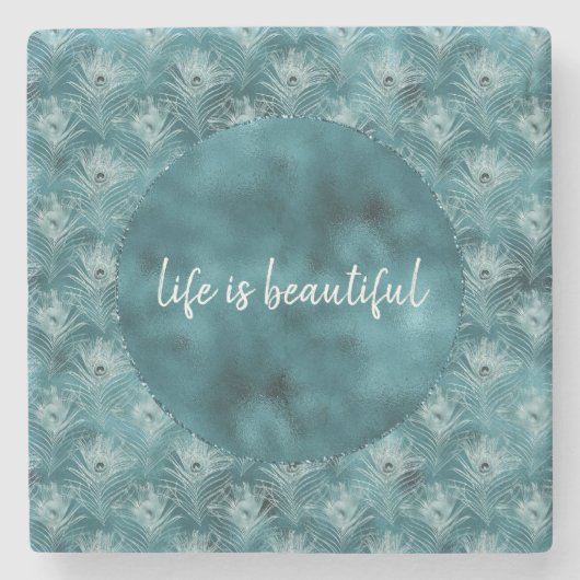 ティール（緑がかった色）グリッジグラムピーコックフェザー ストーンコースター (正面)