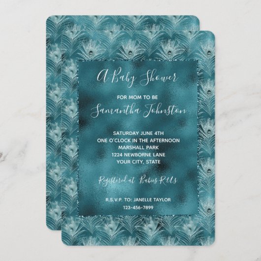 ティール（緑がかった色）グリッジグラムピーコックフェザー 招待状 (正面/裏面)