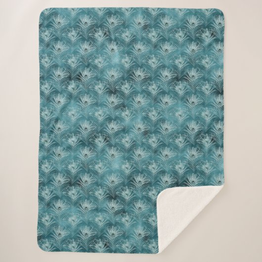 ティール（緑がかった色）グリッジーグラムピーコックフェザーズ シェルパブランケット (正面)