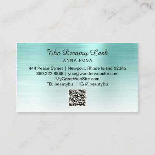*～*ティール（緑がかった色）グリッターがQR Brows Extensionsを点滅 名刺 (裏面)
