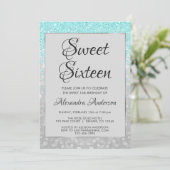 ティール(緑がかった色)グリッターとシルバースウィート16誕生日 招待状 (スタンド正面)