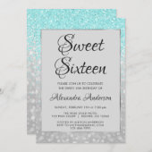ティール(緑がかった色)グリッターとシルバースウィート16誕生日 招待状 (正面/裏面)
