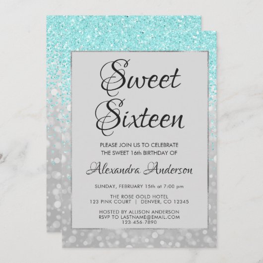 ティール(緑がかった色)グリッターとシルバースウィート16誕生日 招待状 (正面/裏面)