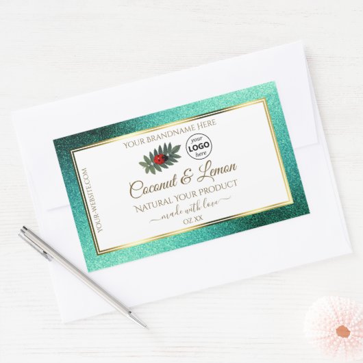 ティール（緑がかった色）グリッターとホワイトプロダクトラベルLadybugロゴ 長方形シール (封筒)
