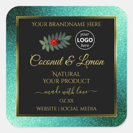 ティール(緑がかった色)グリッターと黒い製品ラベルLadybugロゴ スクエアシール (正面)
