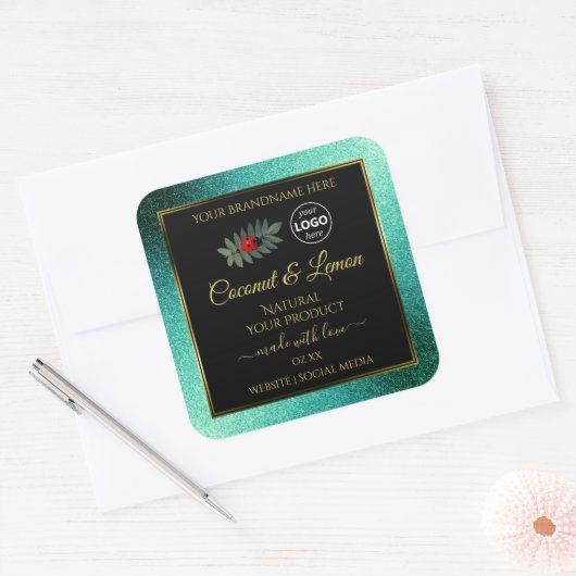 ティール（緑がかった色）グリッターと黒い製品ラベルLadybugロゴ スクエアシール (封筒)