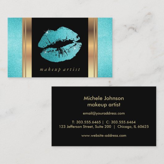 ティール（緑がかった色）グリッターの唇とエレガント金ゴールド 名刺 (正面/裏面)