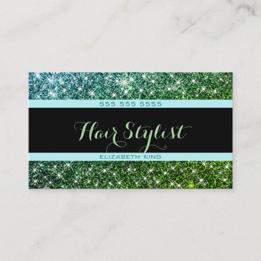 ティール（緑がかった色）グリッターグラムソーシャルメディア美容師サロン 名刺 (正面)