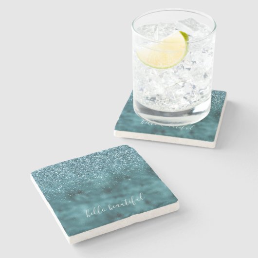 ティール（緑がかった色）グリッターグリッツスパークルグラムパーソナライズされた引用文 ストーンコースター (横)