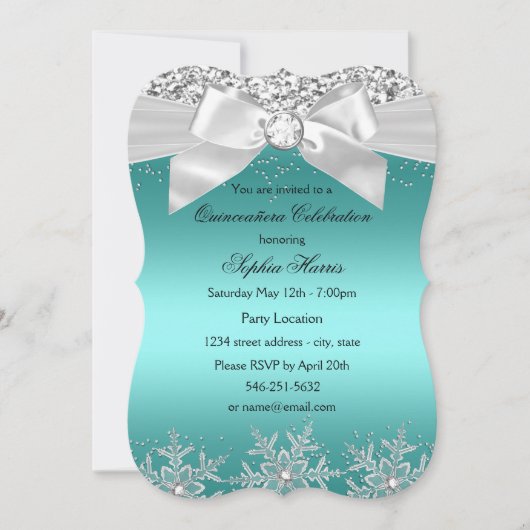 ティール（緑がかった色）グリッタージュエルボウスノーフレークキンセアニェラ 招待状 (正面)