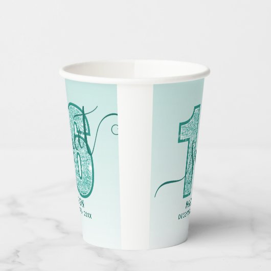 ティール（緑がかった色）グリッタースクリプトスウィート16第16誕生日 紙コップ (左)