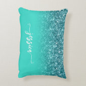 ティール（緑がかった色）グリッターターコイズグラデーションモダンスクリプト アクセントクッション (裏面(縦))