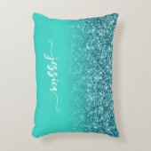 ティール（緑がかった色）グリッターターコイズグラデーションモダンスクリプト アクセントクッション (正面(垂直))