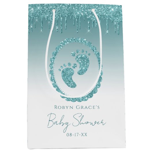 ティール（緑がかった色）グリッタードリップベビー足抱き枕 パーソナライズされた ミディアムペーパーバッグ (正面)