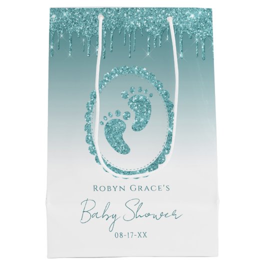 ティール（緑がかった色）グリッタードリップベビー足抱き枕 パーソナライズされた ミディアムペーパーバッグ (裏面)