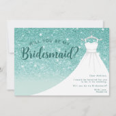 ティール（緑がかった色）グリッタードレス私の花嫁になる 招待状 (正面)