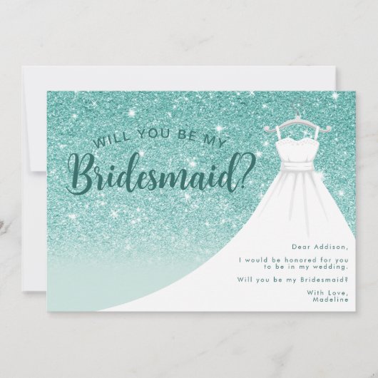 ティール(緑がかった色)グリッタードレス私の花嫁になる 招待状 (正面)