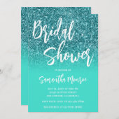 ティール(緑がかった色)グリッターブライトターコイズグラデーションブライダルシャワー 招待状 (正面/裏面)